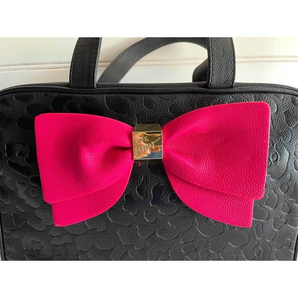 Betsey Johnson Black Leopard Pink Bow Cosmetic Travel Bag Makeup Organizer - Picture 2 of 8